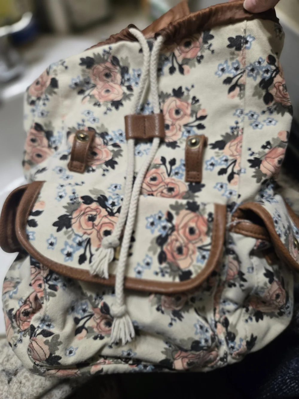 Kenox Brand Floral Canvas Drawstring Backpack with Brown Trim